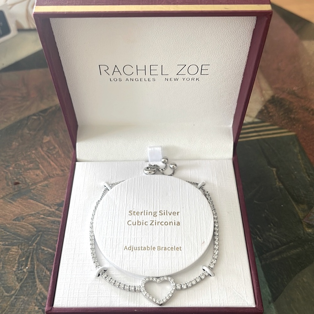 RACHEL ZOE .925 Sterling Silver Heart & CZ Adjustable Slider Bracelet. N…